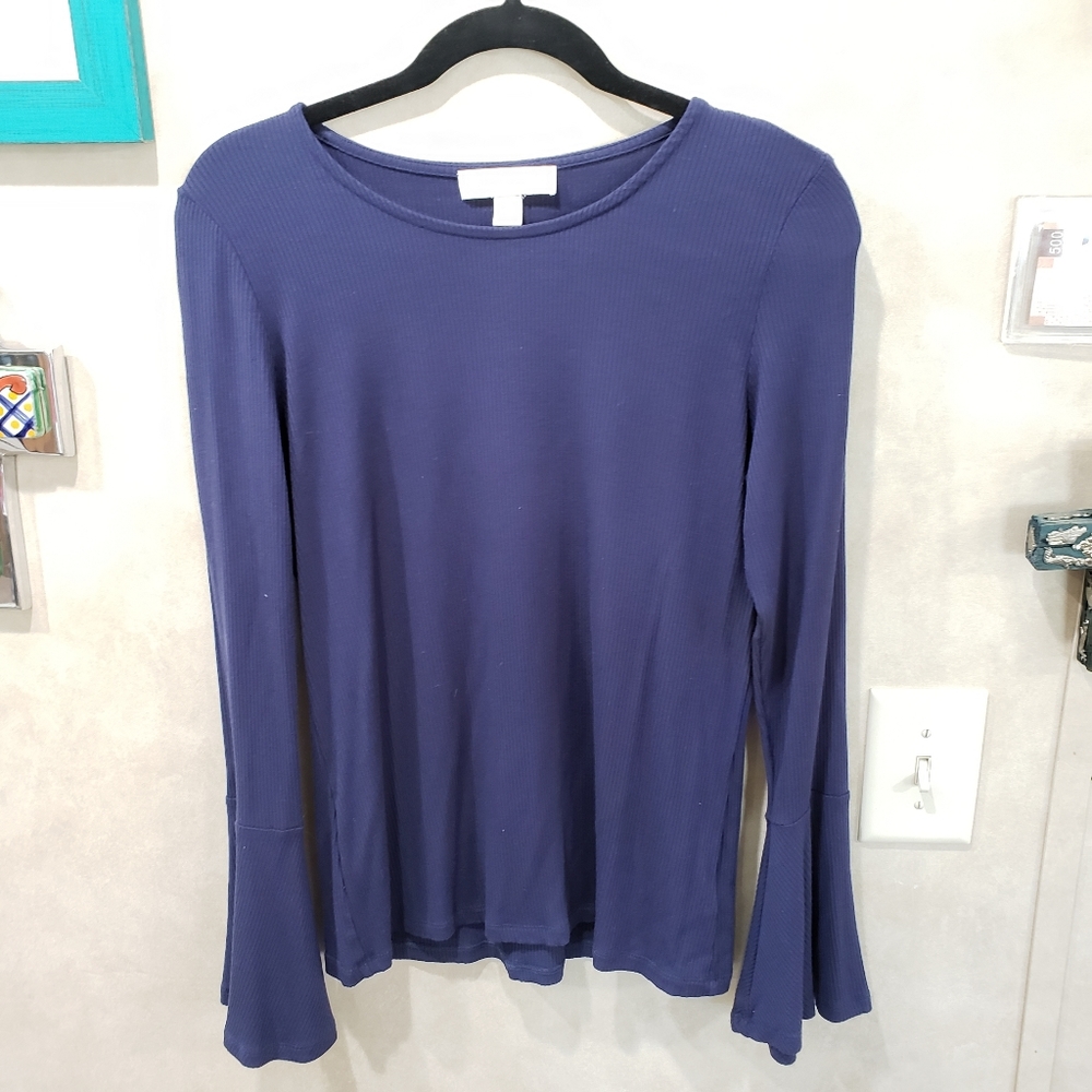 Michael Kors Navy Blue Long Sleeve Bell Sleeve Ribbed Top Blouse Shirt Size M